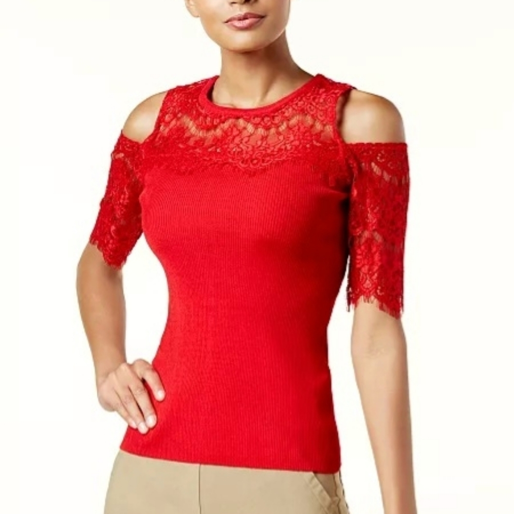 INC INTERNATIONAL CONCEPTS RED LACE TOP SIZE MEDIUM